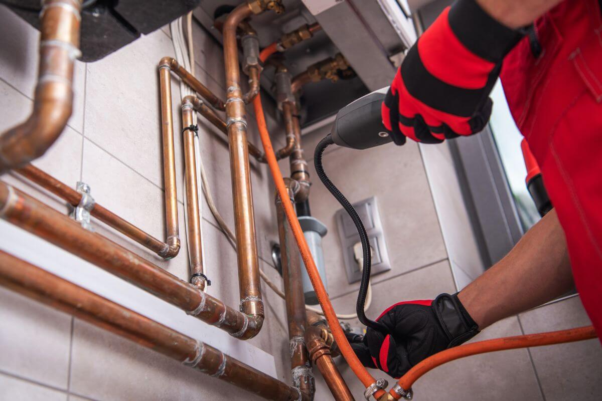 A plumber working on supply pipework in a commercial plant room