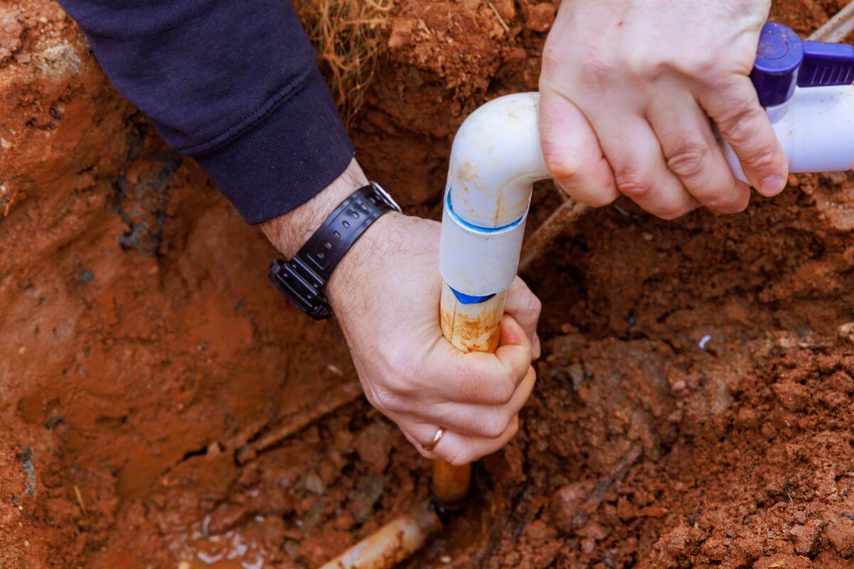 An excavated trench exposing a water service line to a house